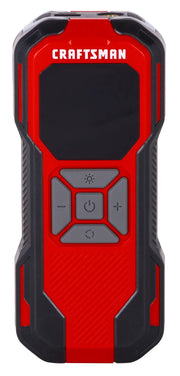 Photo of CRAFTSMAN CMXPTXA1201 red and black digital laser measure with front view and control buttons.