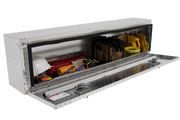 Craftsman CMXTBAD64019032 aluminum truck toolbox with open lid, filled with safety gear and tools, angled view.
