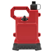 A red portable plastic container with a black screw cap, a sturdy handle at the top, and a black attachment or spout on the side. The base is reinforced with a dark gray section and the overall design is angular and rugged, suitable for carrying liquids or fuel.