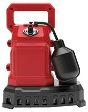 A red and black submersible utility pump with a built-in handle, float switch, and sturdy base. The pump is designed for moving water and has a modern, durable appearance.