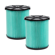 Two cylindrical green air filters with black plastic end caps are standing side by side on a white background.